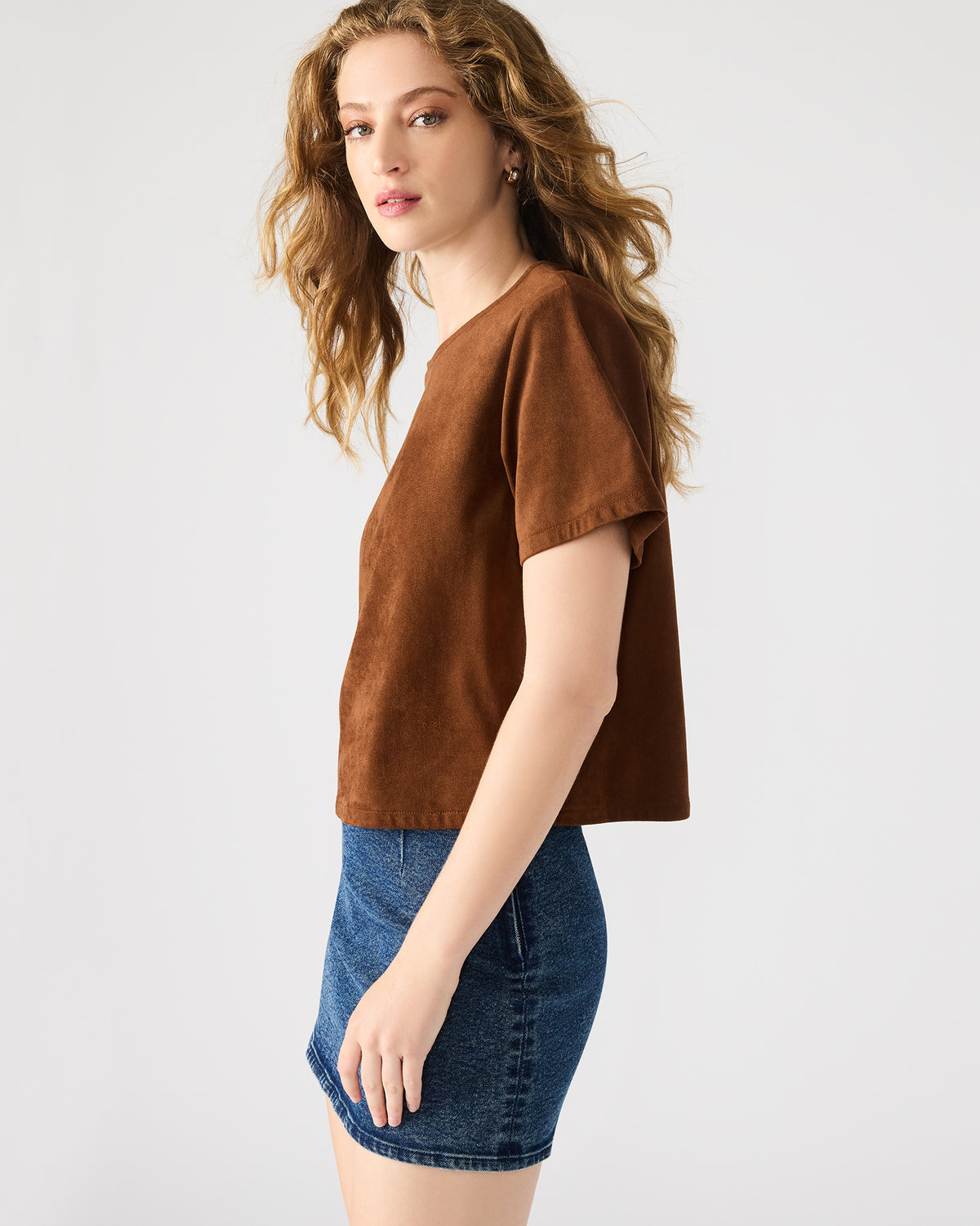EZRA Chicory Coffee Short-Sleeved Faux-Suede Women's Top - Steve Madden