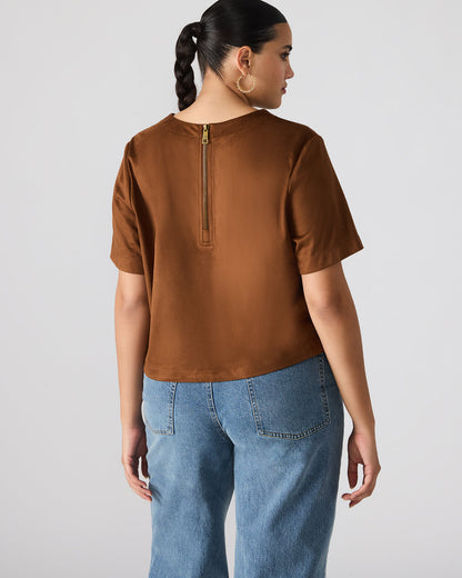 EZRA Chicory Coffee Short-Sleeved Faux-Suede Women's Top - Steve Madden