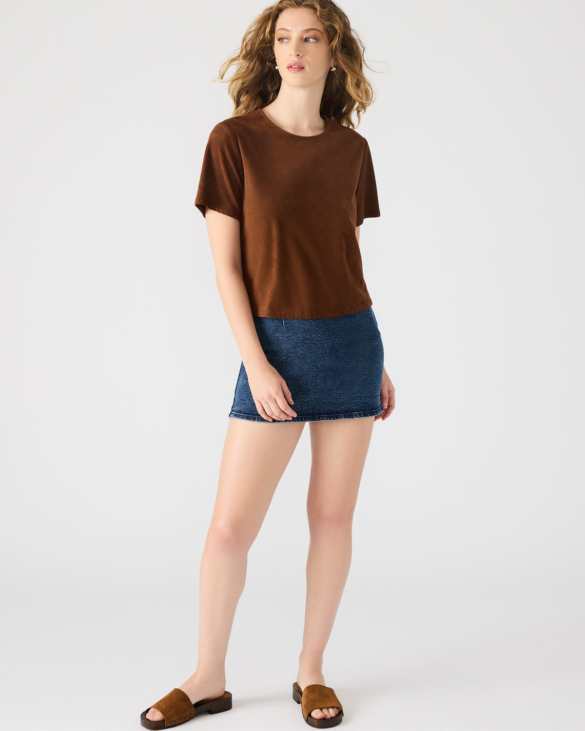 EZRA Chicory Coffee Short-Sleeved Faux-Suede Women's Top - Steve Madden