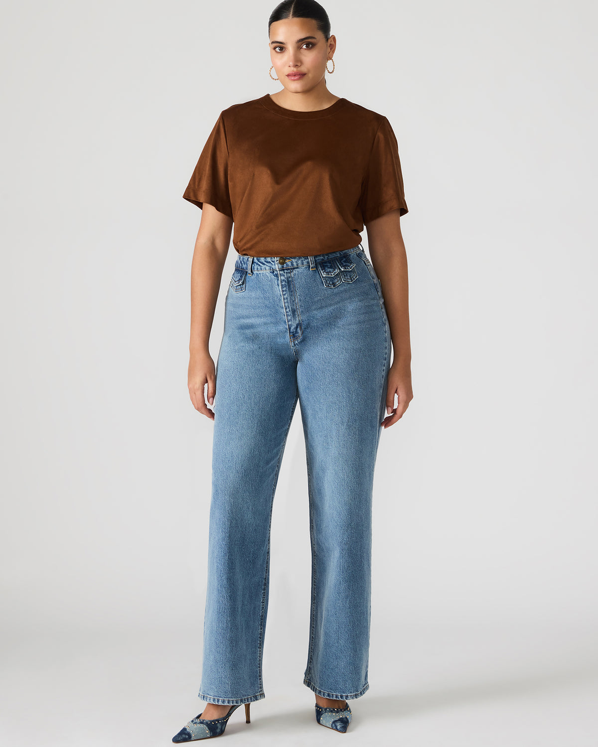 EZRA Chicory Coffee Short-Sleeved Faux-Suede Women's Top - Steve Madden