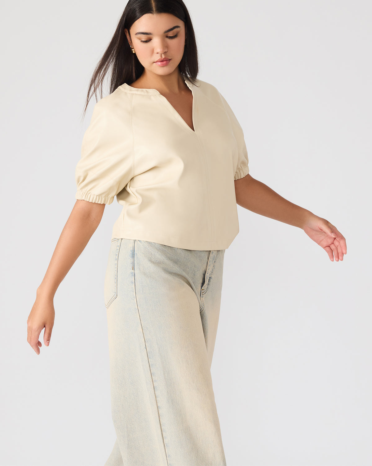 ROXANNE Bone Short-Sleeved Faux Leather Puff Sleeve Women's Top - Steve Madden