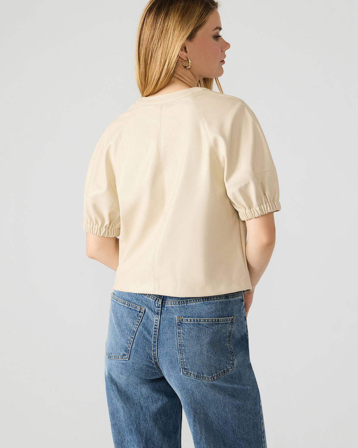 ROXANNE Bone Short-Sleeved Faux Leather Puff Sleeve Women's Top - Steve Madden