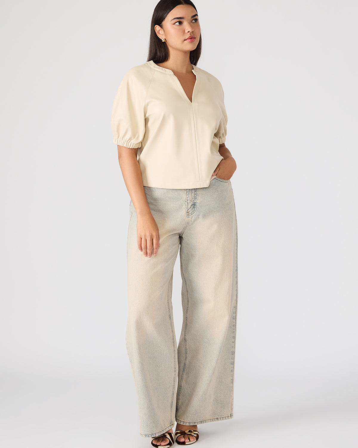 ROXANNE Bone Short-Sleeved Faux Leather Puff Sleeve Women's Top - Steve Madden