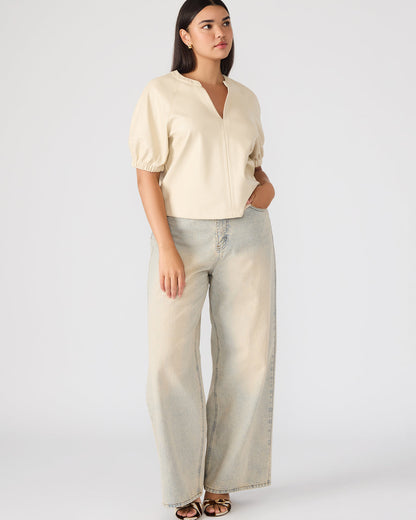 ROXANNE Bone Short-Sleeved Faux Leather Puff Sleeve Women's Top - Steve Madden