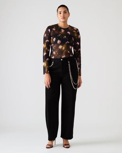 LILIANNA Black Multi Mesh Sheer Long-Sleeved Floral Print Women's Top - Steve Madden