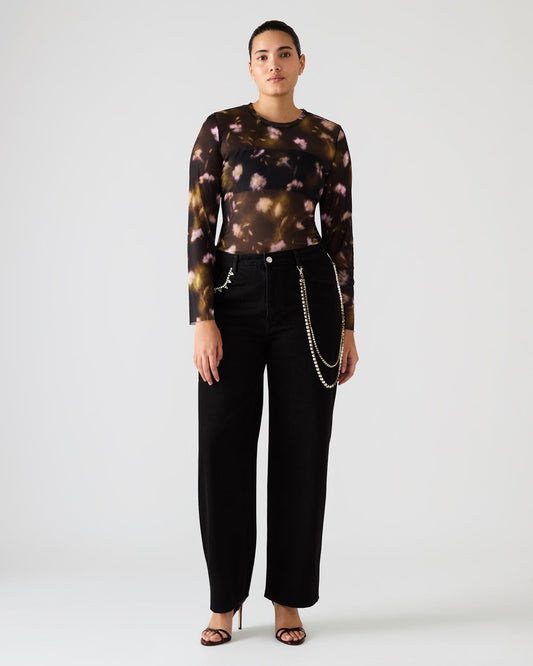 LILIANNA Black Multi Mesh Sheer Long-Sleeved Floral Print Women's Top - Steve Madden