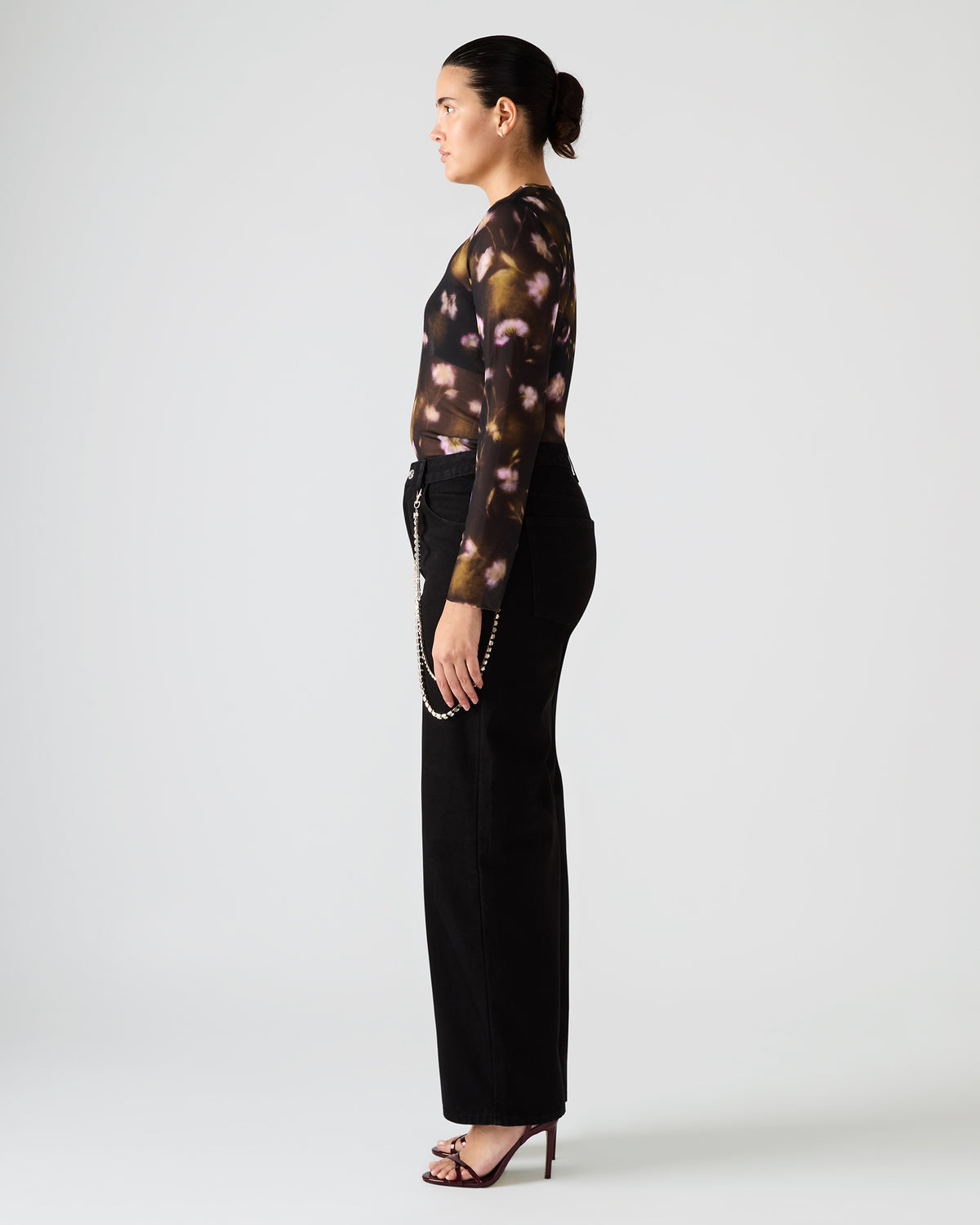 LILIANNA Black Multi Mesh Sheer Long-Sleeved Floral Print Women's Top - Steve Madden