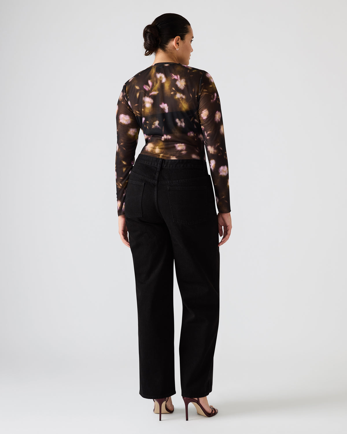LILIANNA Black Multi Mesh Sheer Long-Sleeved Floral Print Women's Top - Steve Madden