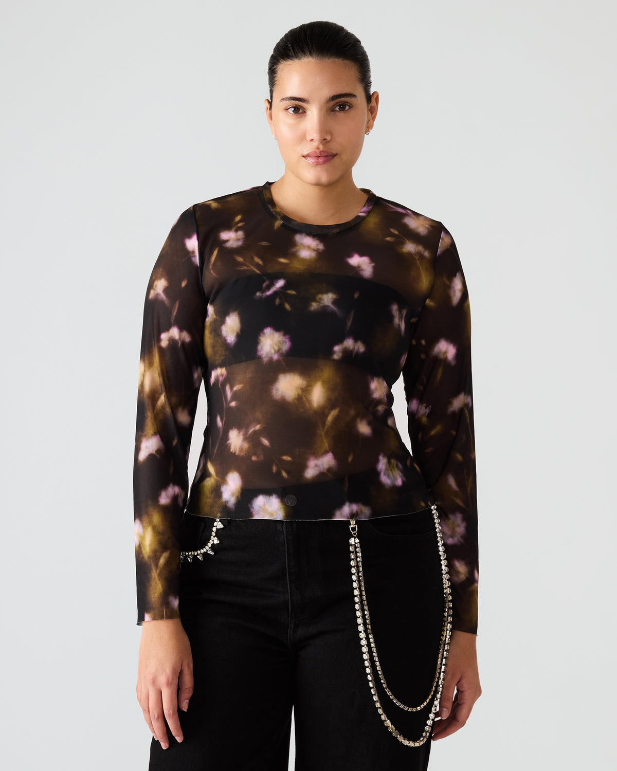 LILIANNA Black Multi Mesh Sheer Long-Sleeved Floral Print Women's Top - Steve Madden