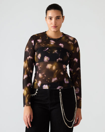 LILIANNA Black Multi Mesh Sheer Long-Sleeved Floral Print Women's Top - Steve Madden