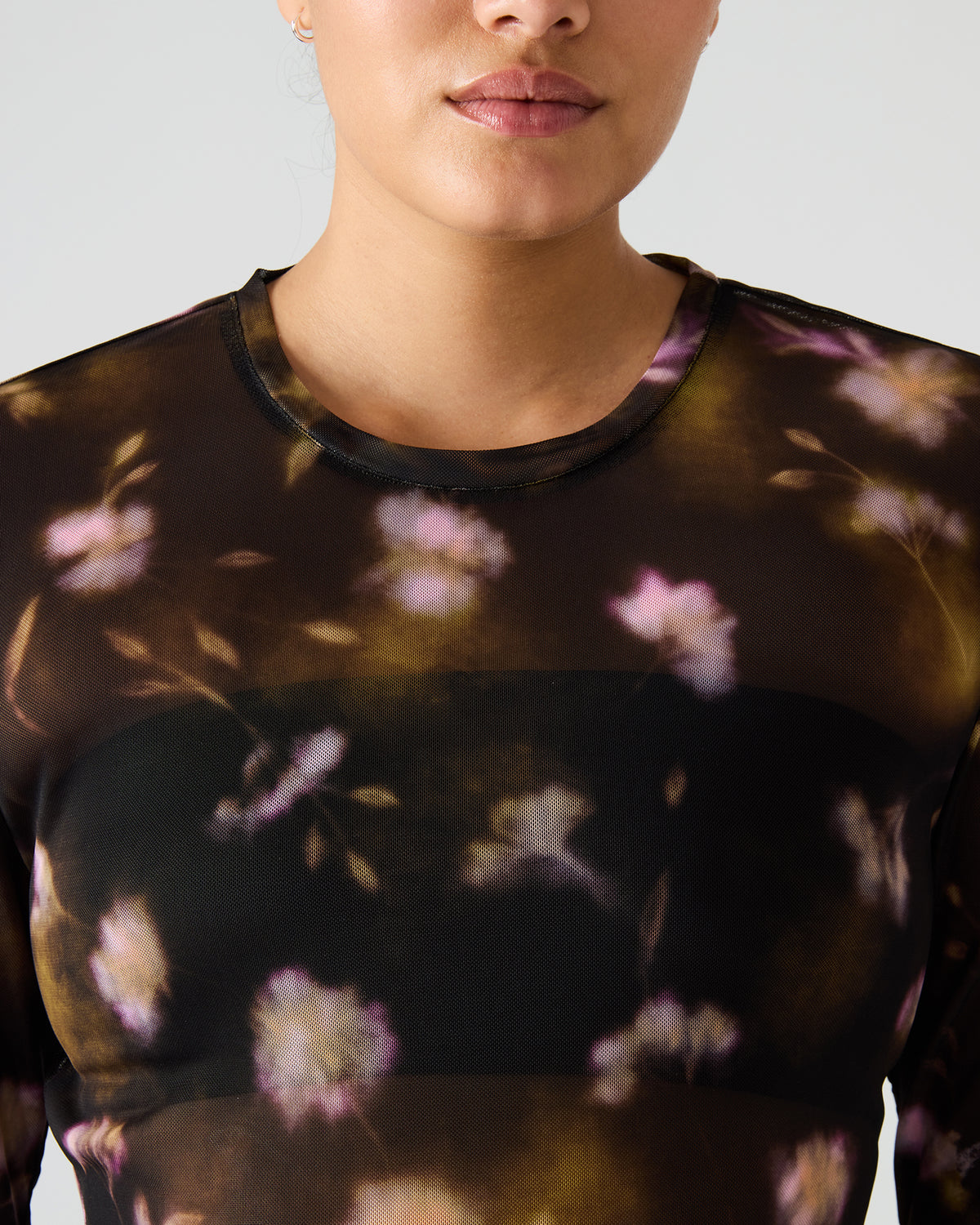 LILIANNA Black Multi Mesh Sheer Long-Sleeved Floral Print Women's Top - Steve Madden