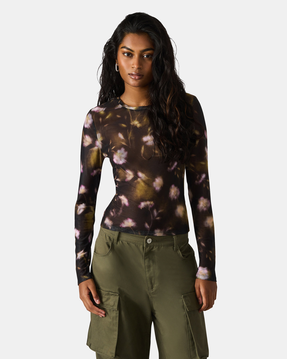 LILIANNA Black Multi Mesh Sheer Long-Sleeved Floral Print Women's Top - Steve Madden