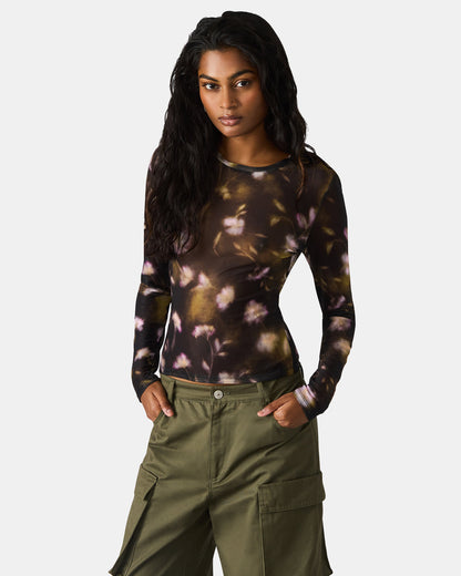 LILIANNA Black Multi Mesh Sheer Long-Sleeved Floral Print Women's Top - Steve Madden