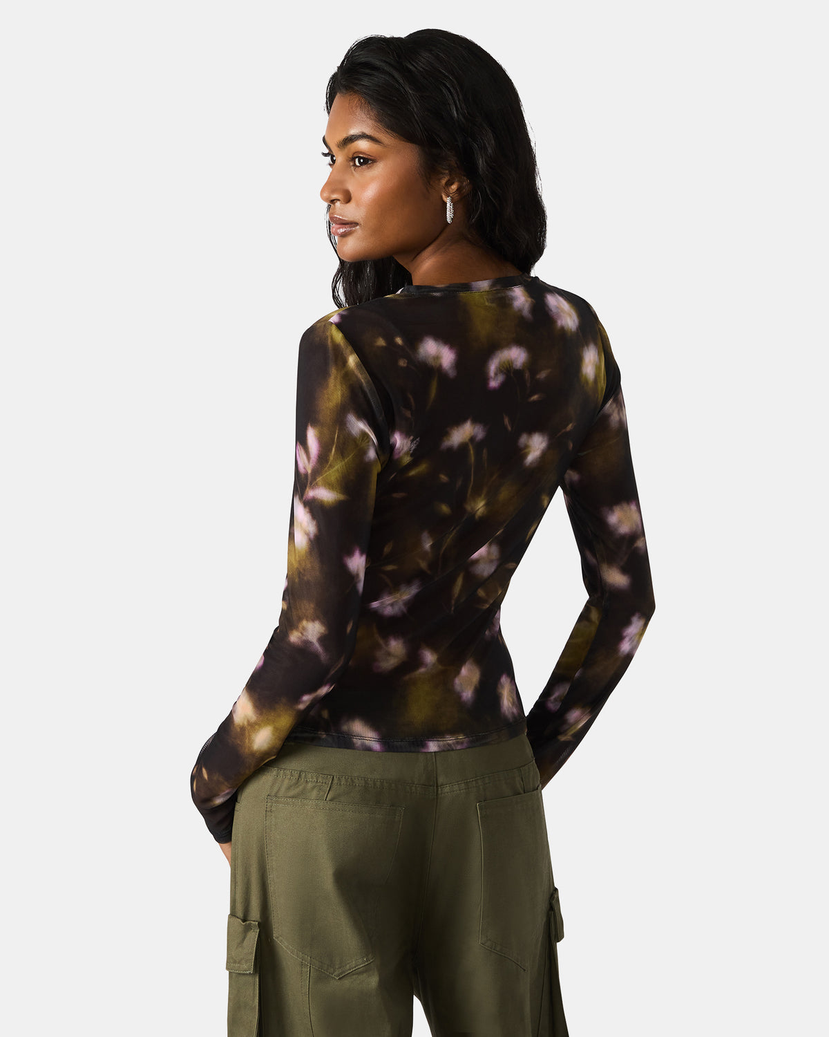 LILIANNA Black Multi Mesh Sheer Long-Sleeved Floral Print Women's Top - Steve Madden