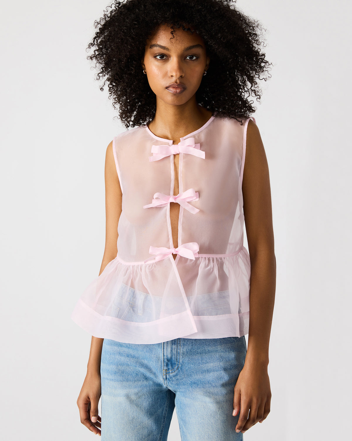 PAULINA Light Pink Sheer Mesh Bow Detail Tie-Front Women's Top - Steve Madden