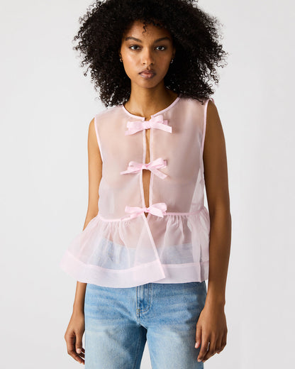PAULINA Light Pink Sheer Mesh Bow Detail Tie-Front Women's Top - Steve Madden