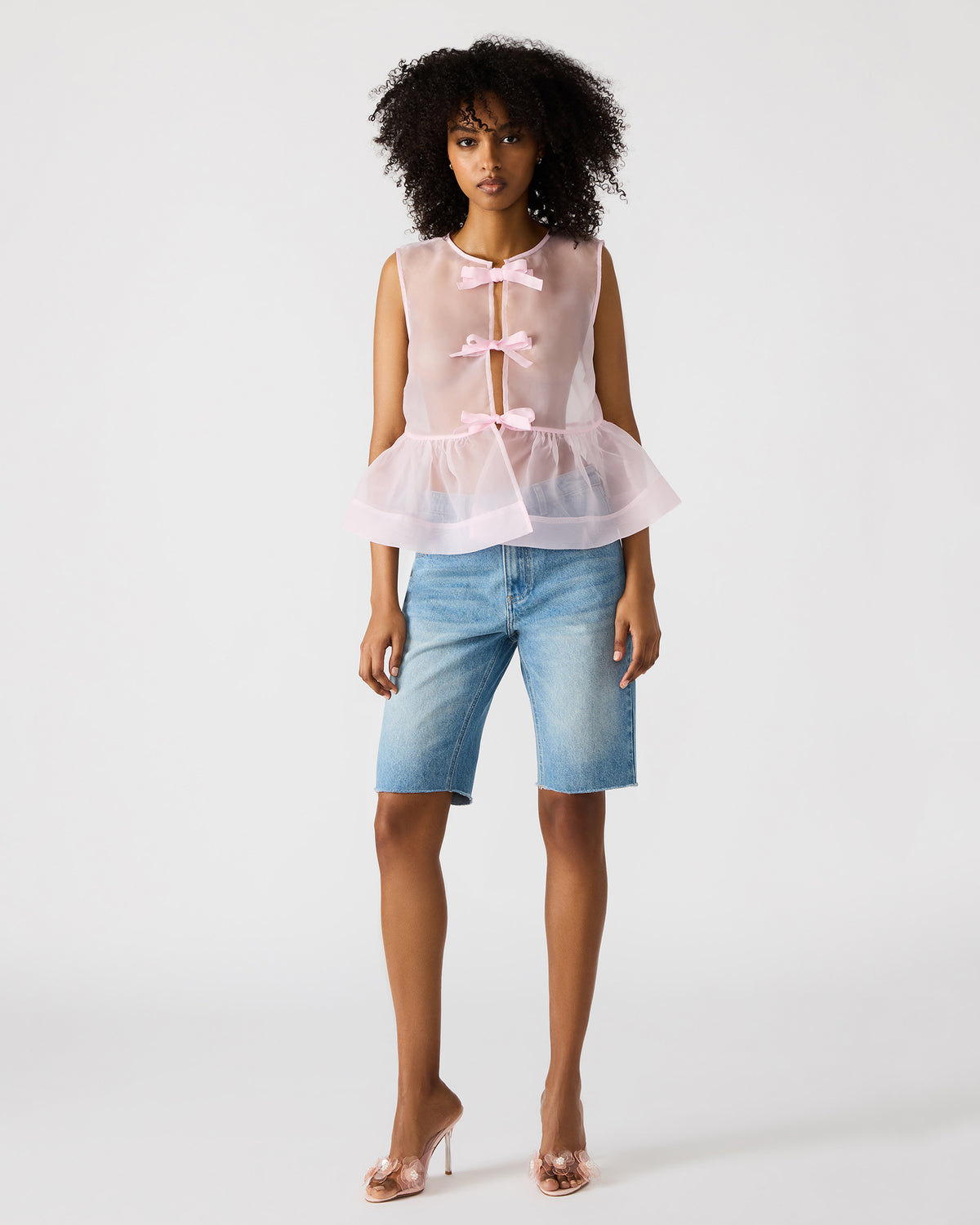 PAULINA Light Pink Sheer Mesh Bow Detail Tie-Front Women's Top - Steve Madden