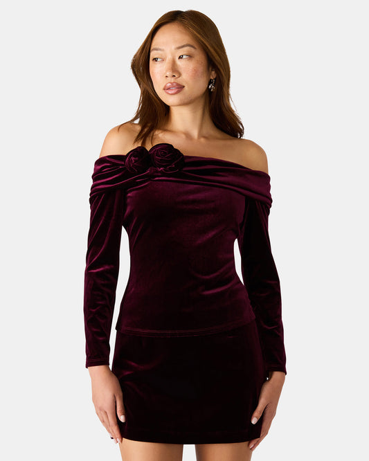 LICI Wine Long-Sleeved Velvet Rose Off-The-Shoulder Women's Top - Steve Madden