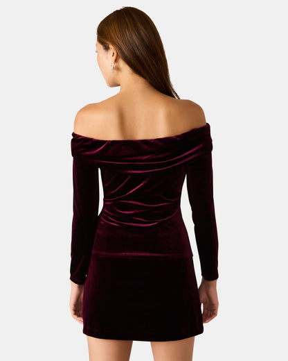 LICI Wine Long-Sleeved Velvet Rose Off-The-Shoulder Women's Top - Steve Madden