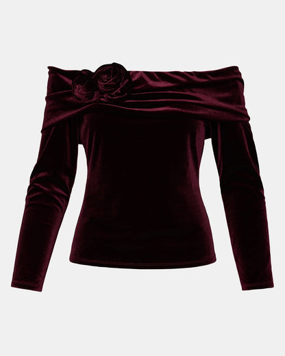 LICI Wine Long-Sleeved Velvet Rose Off-The-Shoulder Women's Top - Steve Madden