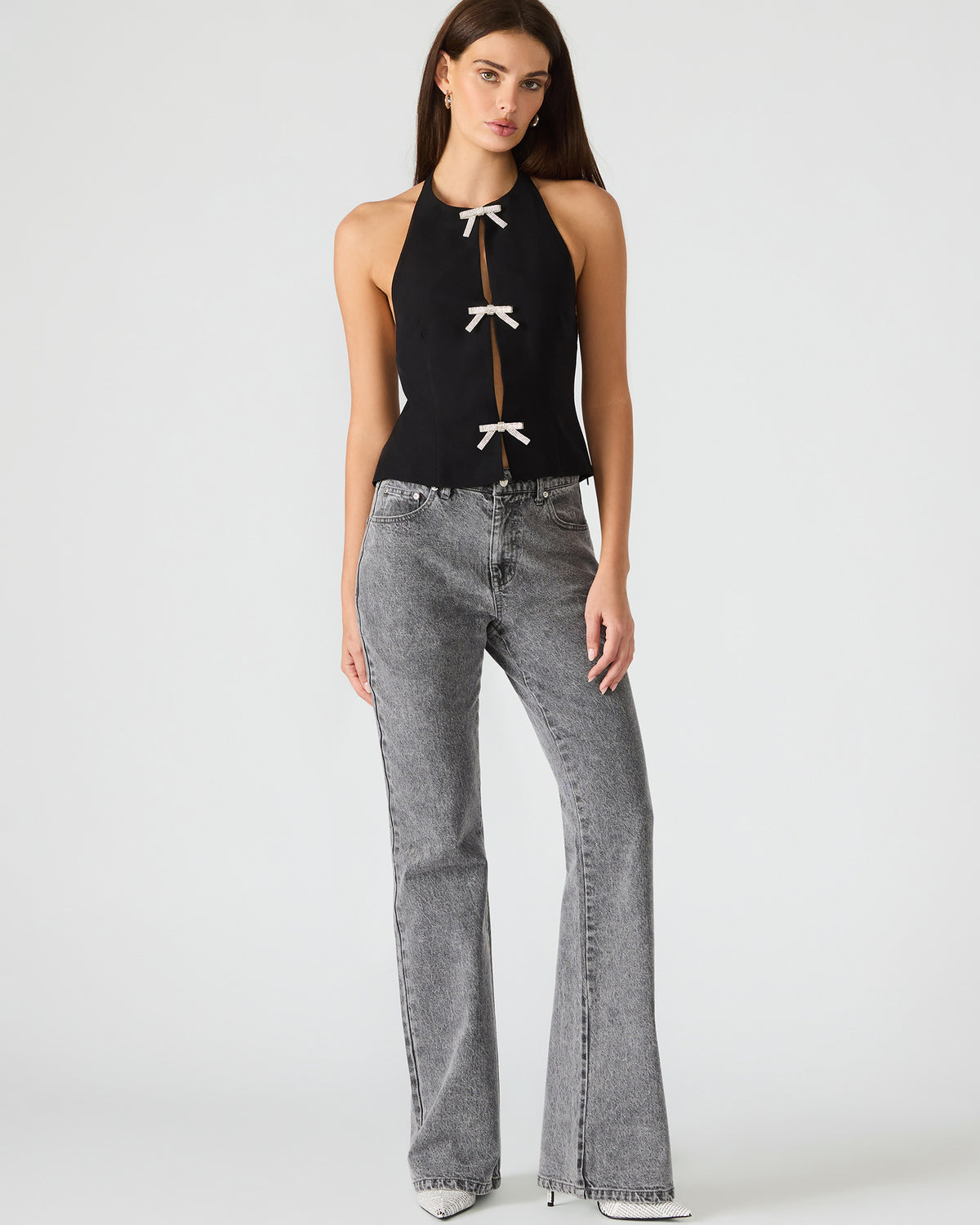 JUVIA Black Sleeveless Bow Detail Halter Women's Top - Steve Madden