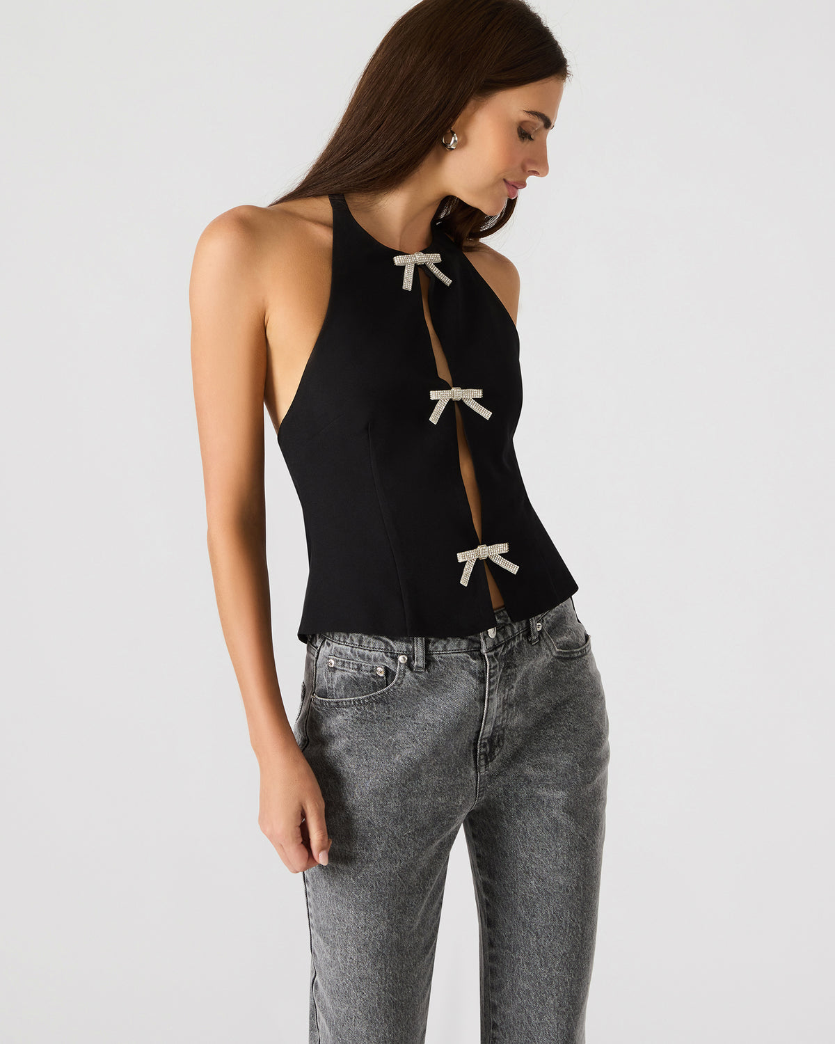 JUVIA Black Sleeveless Bow Detail Halter Women's Top - Steve Madden