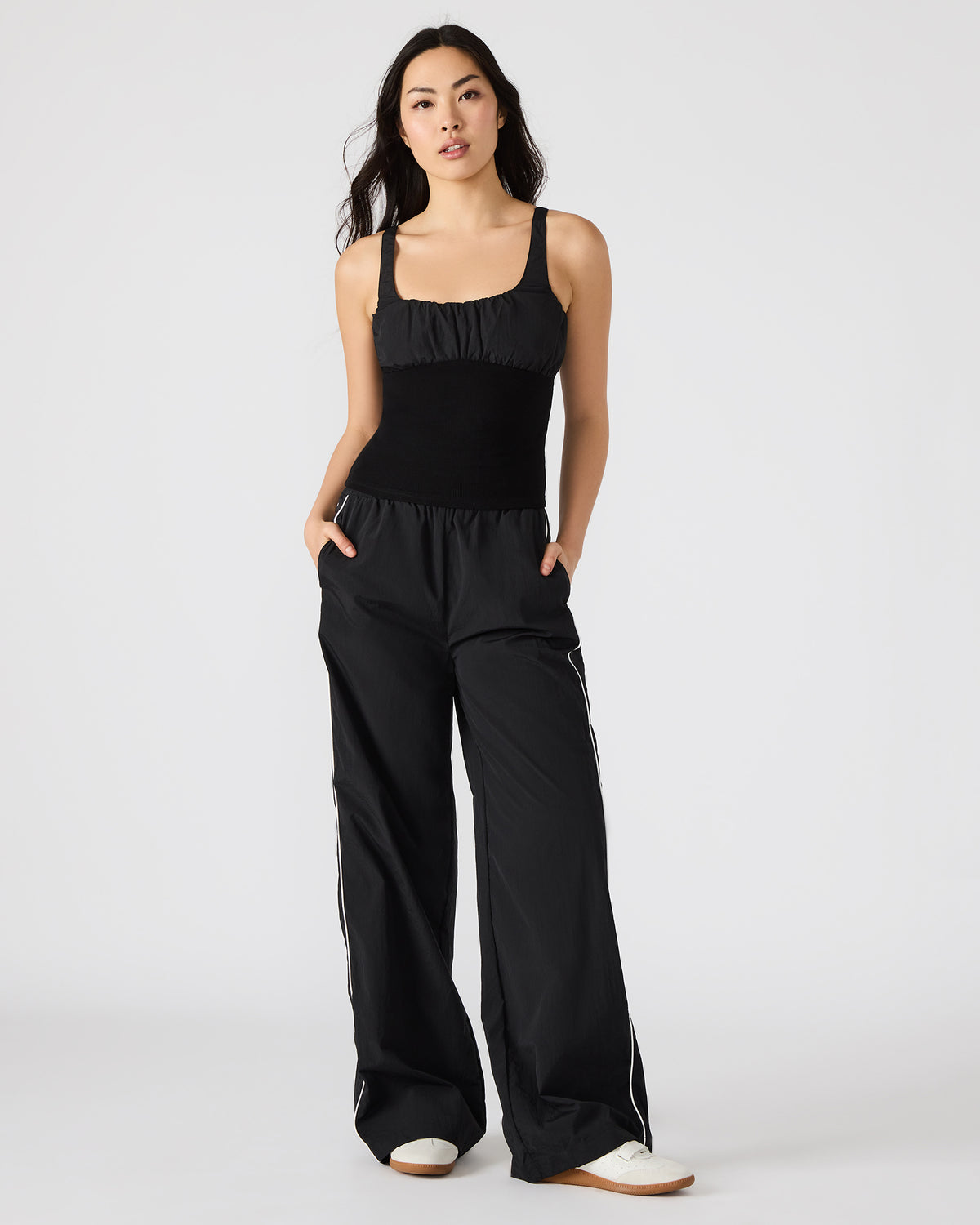 LUANA Black Pull-Over Ruched Tank Top - Steve Madden