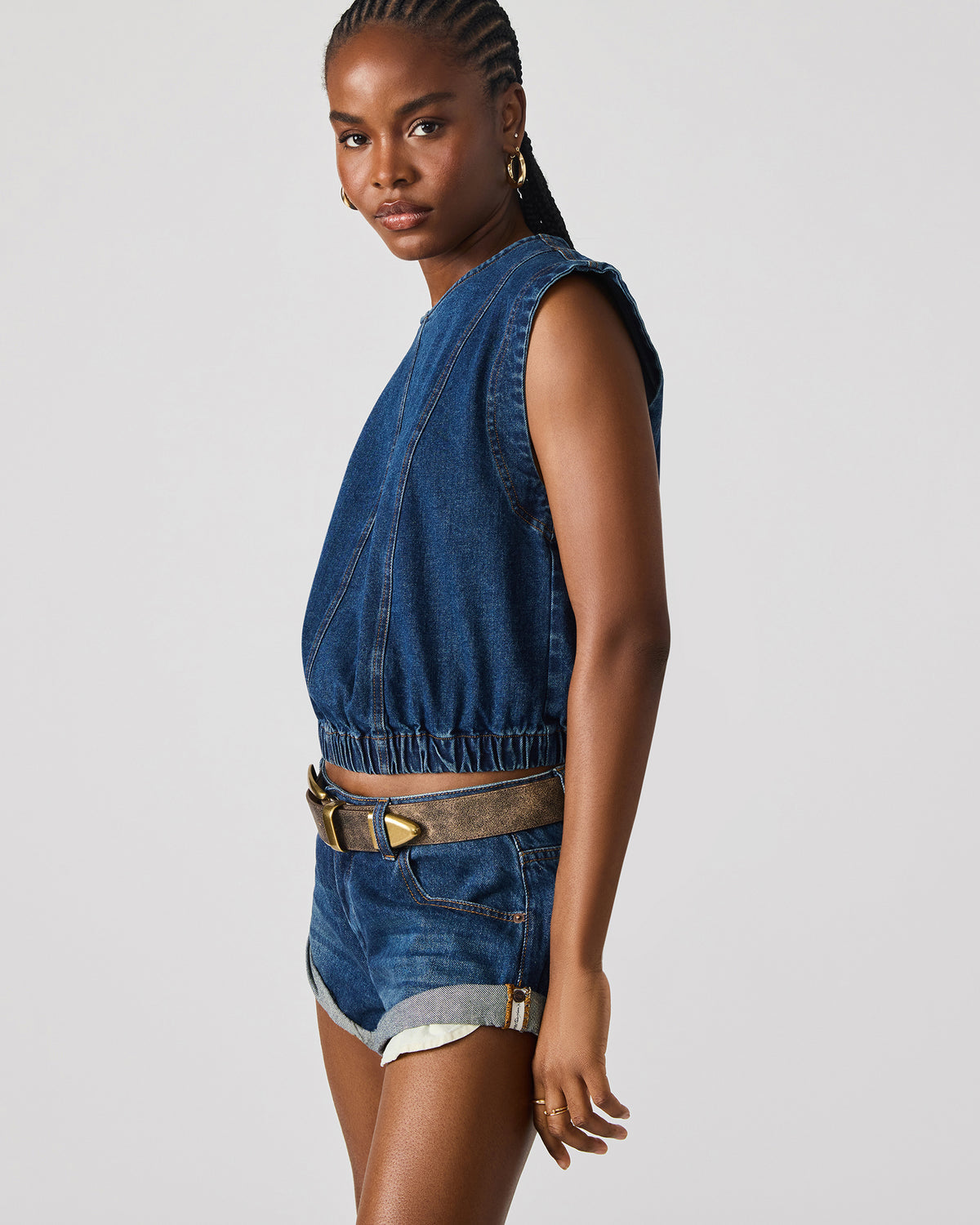 LEILA Denim Dark Blue Sleeveless Zipper Detail Women's Top - Steve Madden