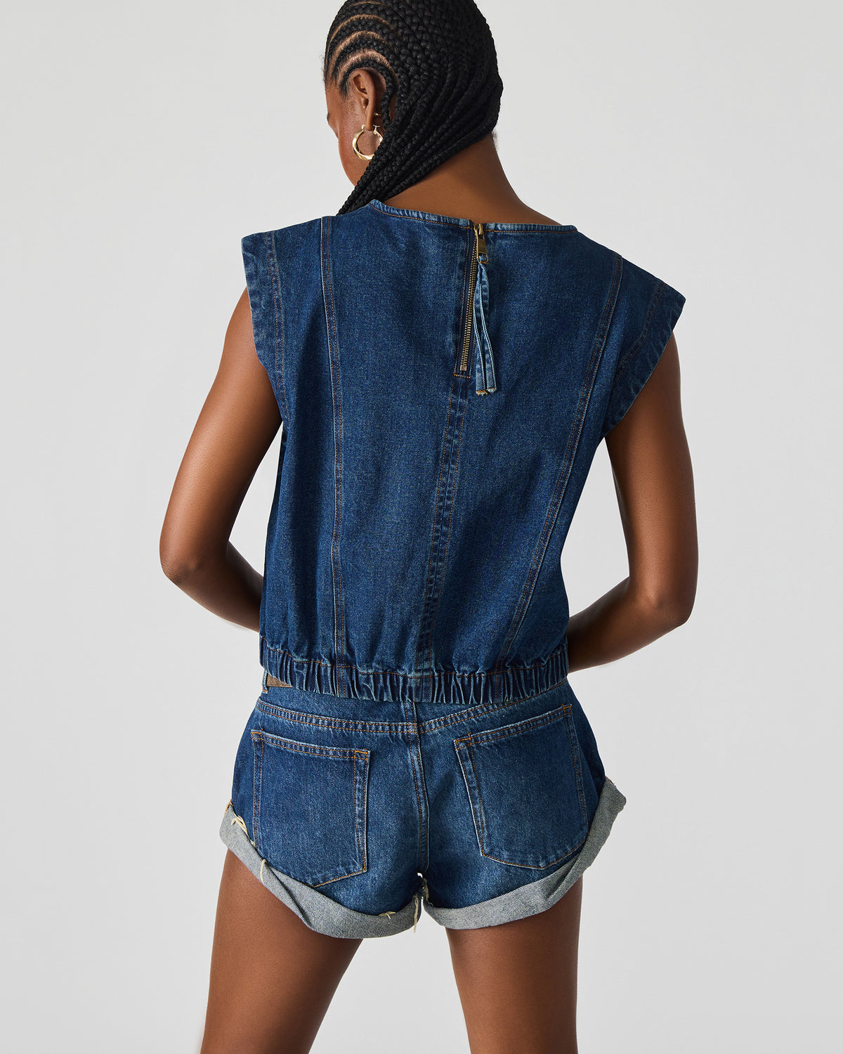 LEILA Denim Dark Blue Sleeveless Zipper Detail Women's Top - Steve Madden