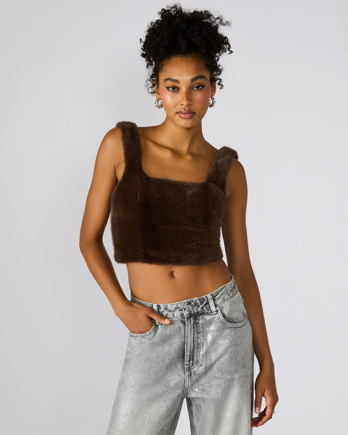 HANNIA Faux Fur Dark Espresso Cropped Women's Top - Steve Madden