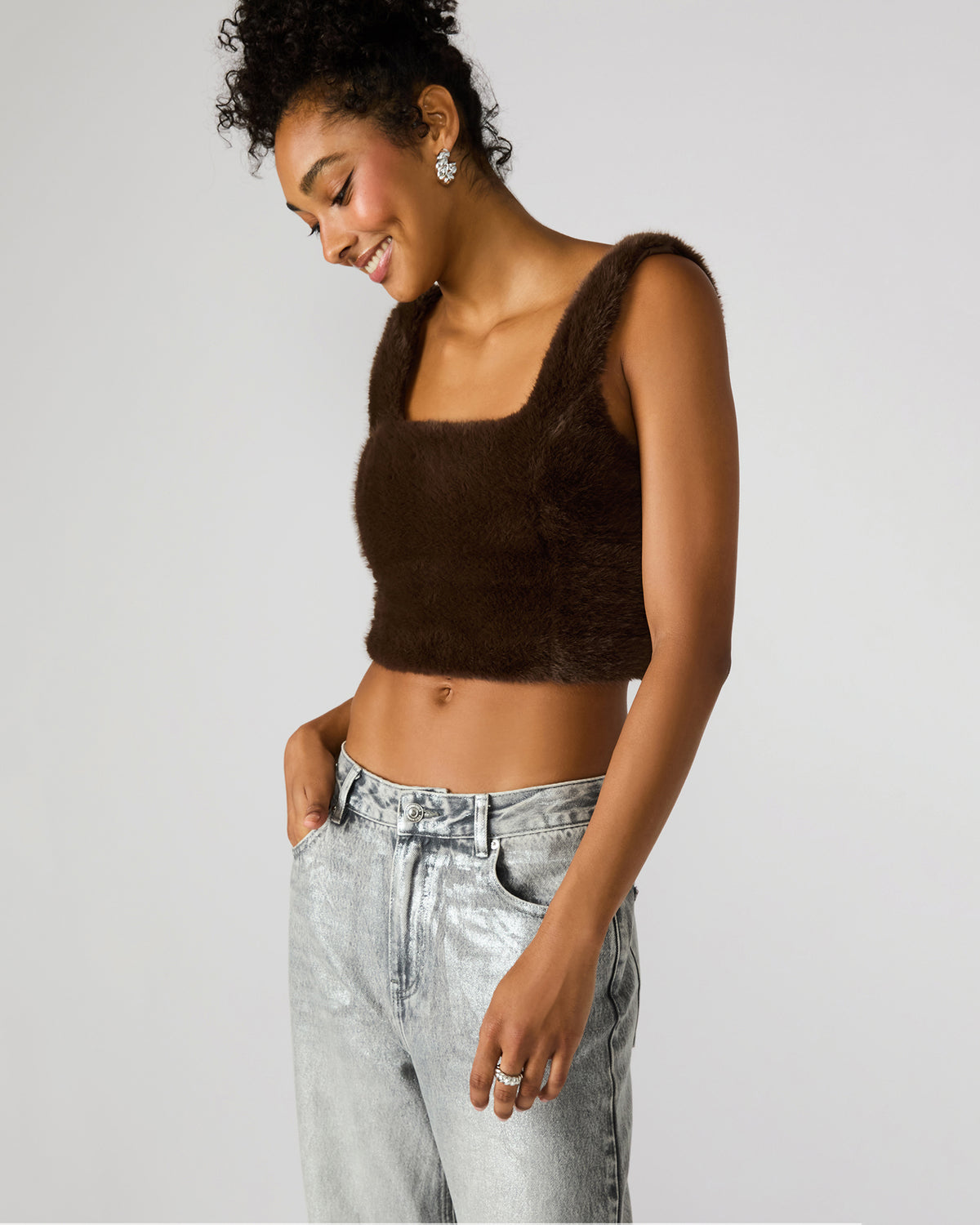 HANNIA Faux Fur Dark Espresso Cropped Women's Top - Steve Madden