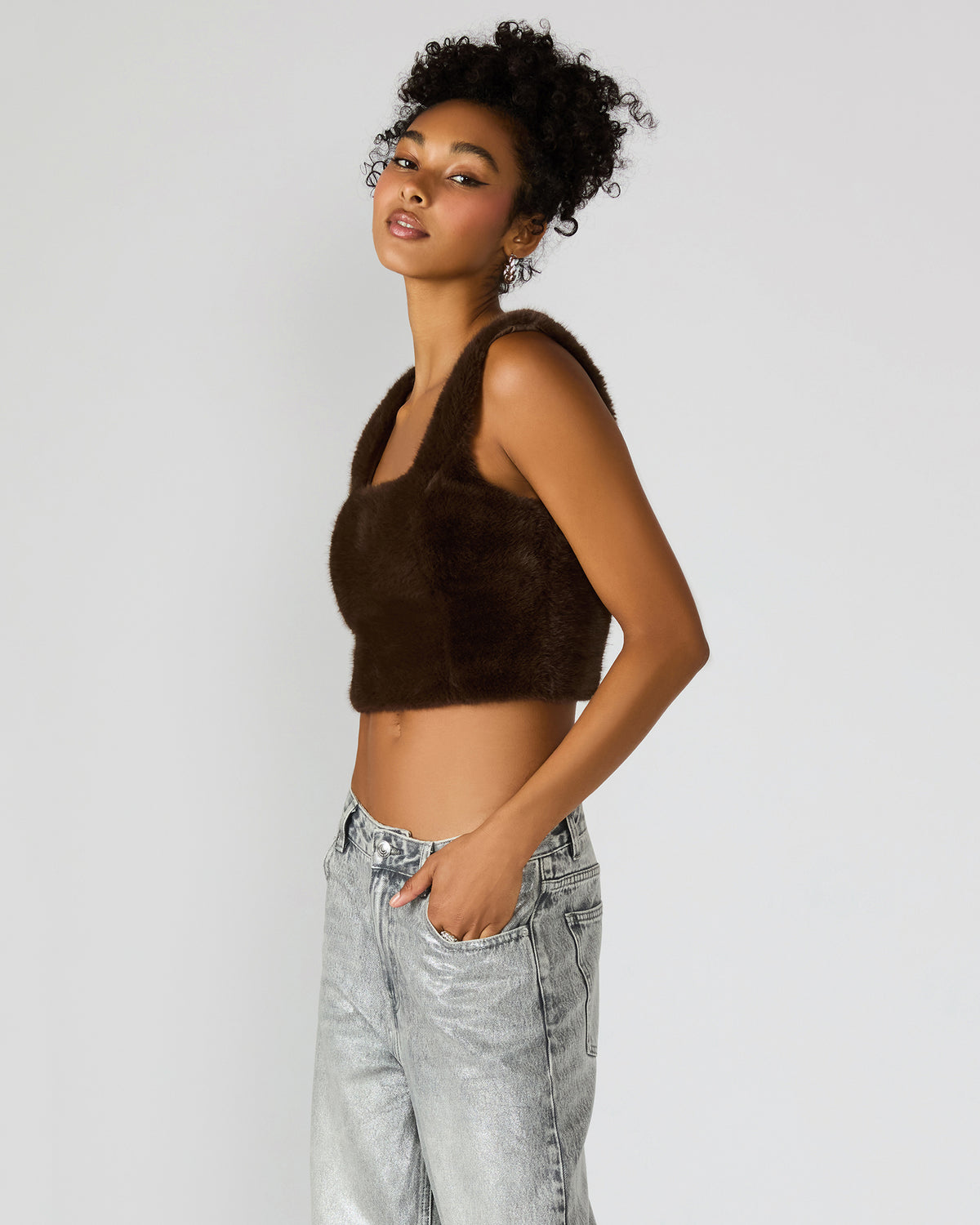 HANNIA Faux Fur Dark Espresso Cropped Women's Top - Steve Madden