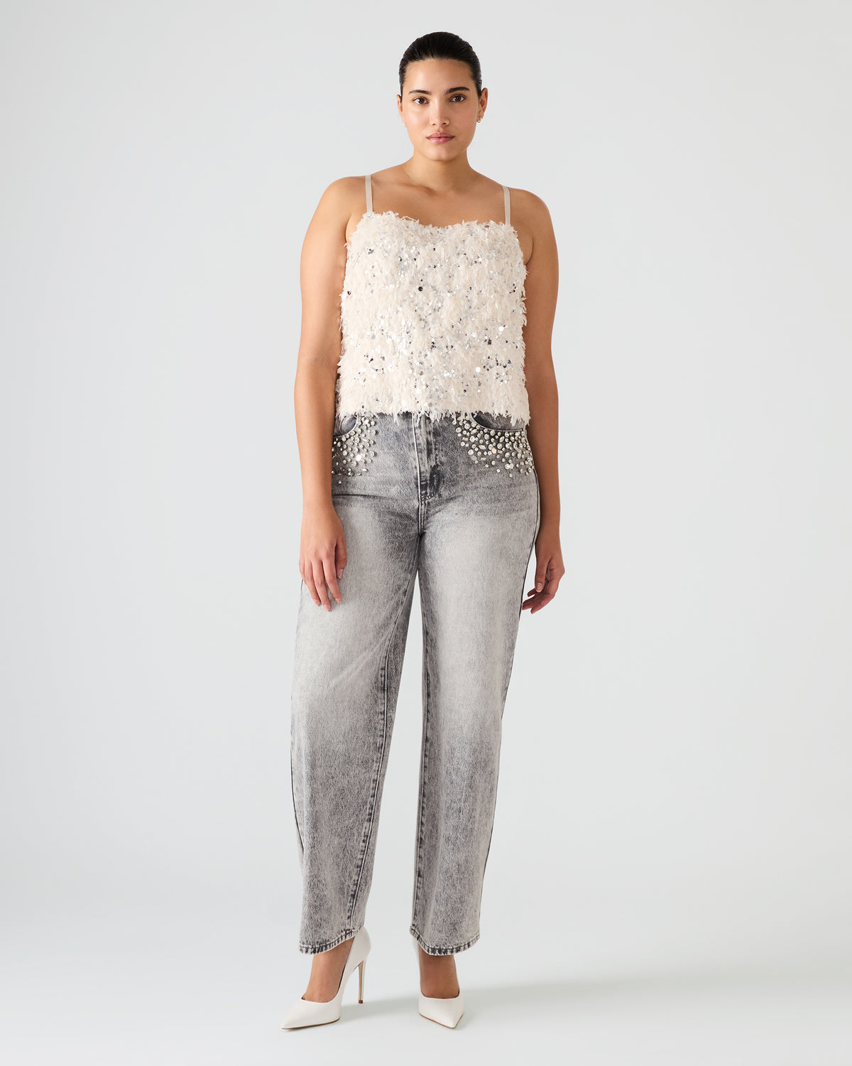 BLAKELYN Ivory Feather Sequin Embellished Women's Top - Steve Madden