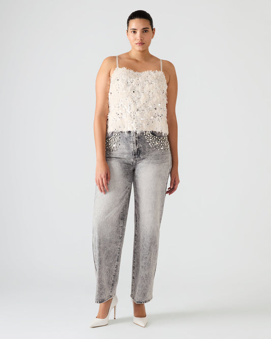 BLAKELYN Ivory Feather Sequin Embellished Women's Top - Steve Madden