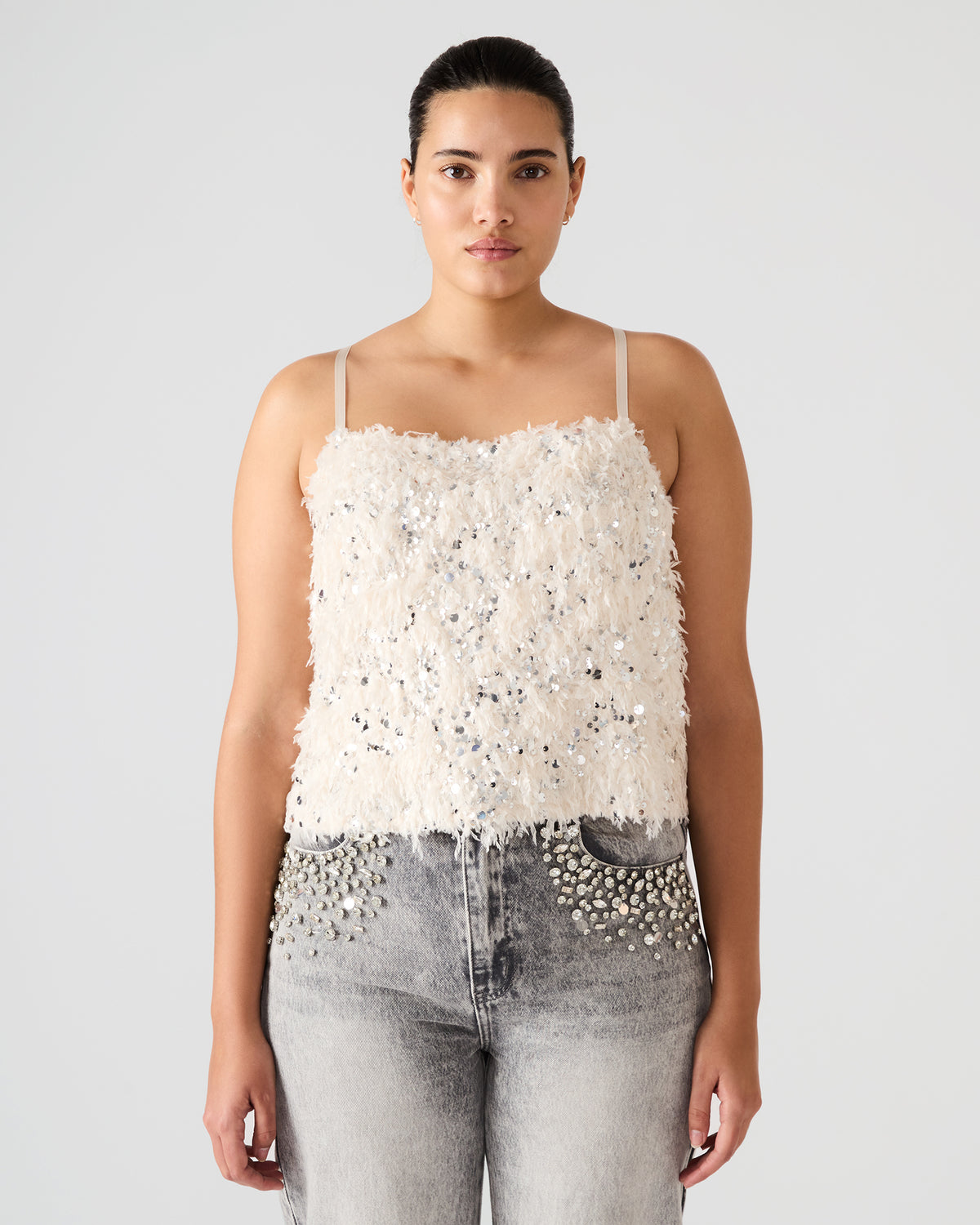 BLAKELYN Ivory Feather Sequin Embellished Women's Top - Steve Madden