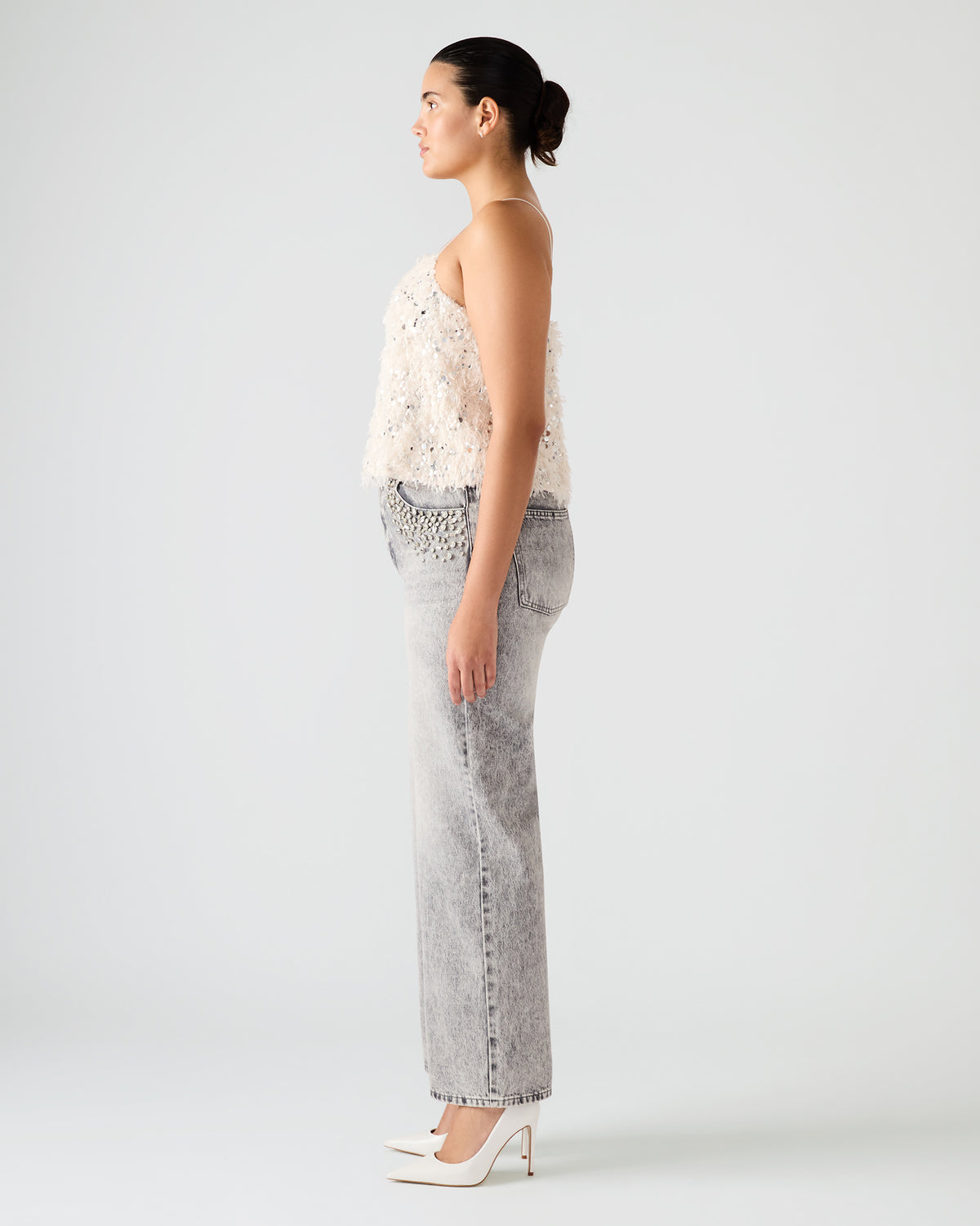 BLAKELYN Ivory Feather Sequin Embellished Women's Top - Steve Madden