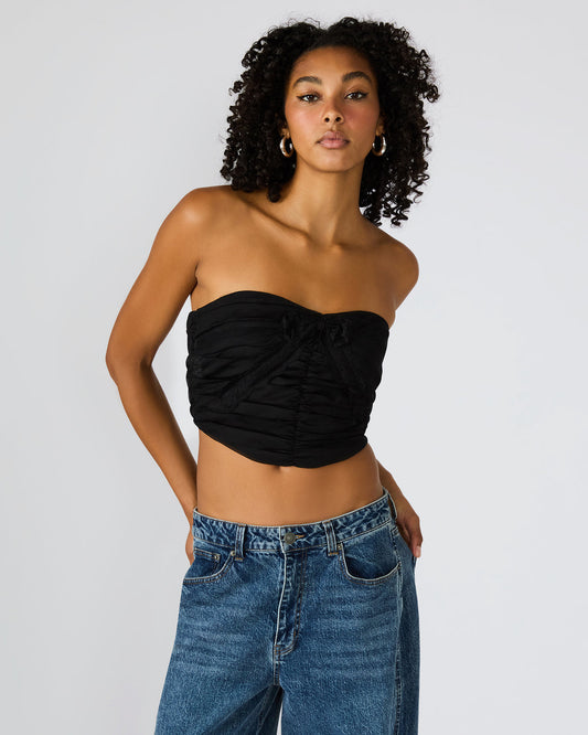 MARTINE Black Strapless Ruched Cropped Corset Women's Top - Steve Madden