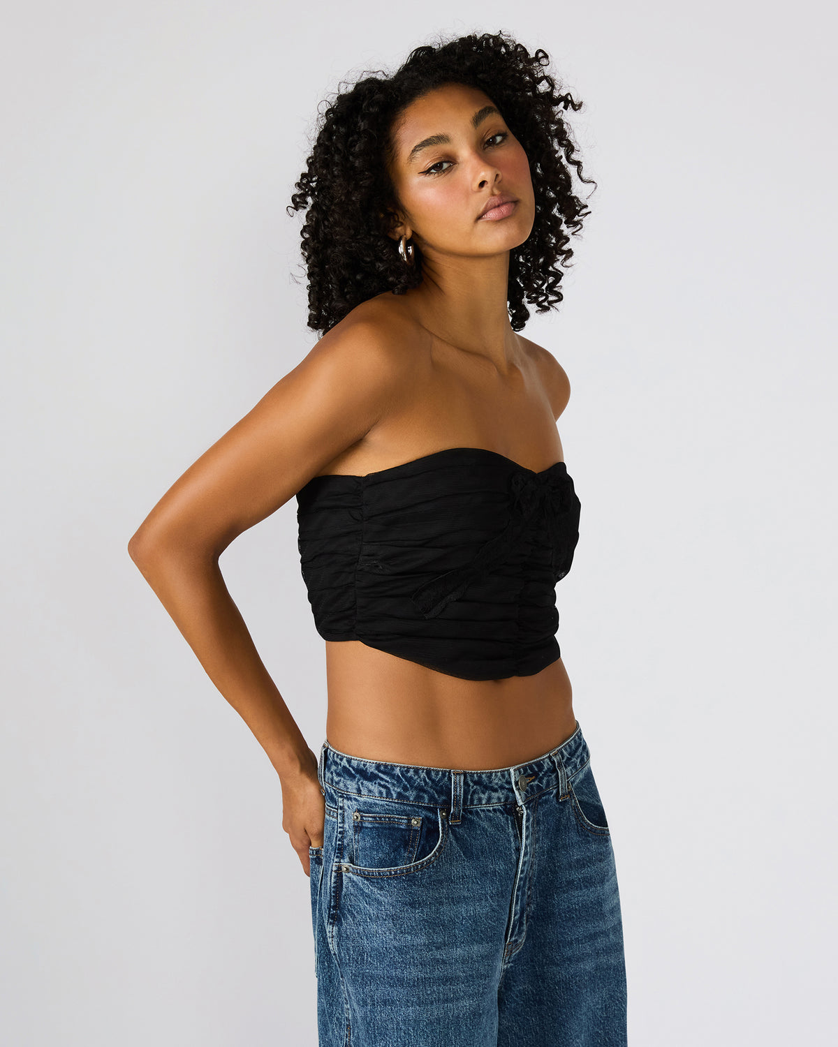MARTINE Black Strapless Ruched Cropped Corset Women's Top - Steve Madden