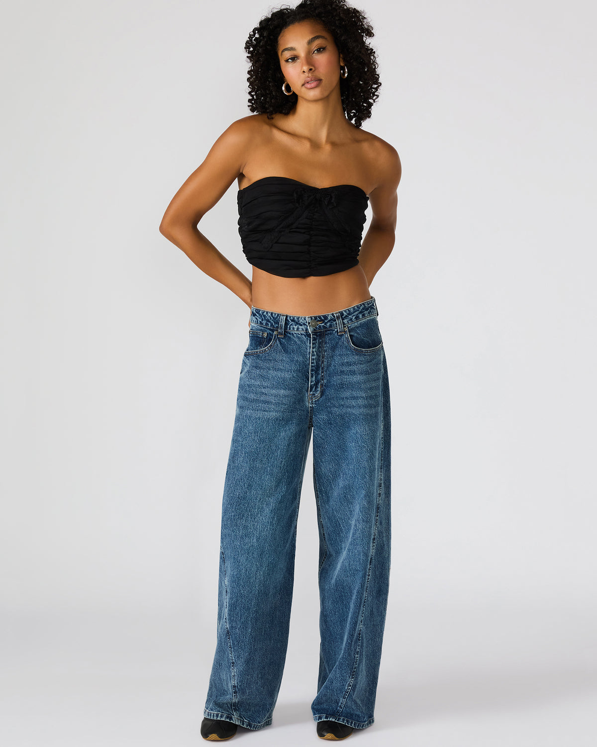MARTINE Black Strapless Ruched Cropped Corset Women's Top - Steve Madden