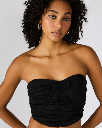 MARTINE Black Strapless Ruched Cropped Corset Women's Top - Steve Madden