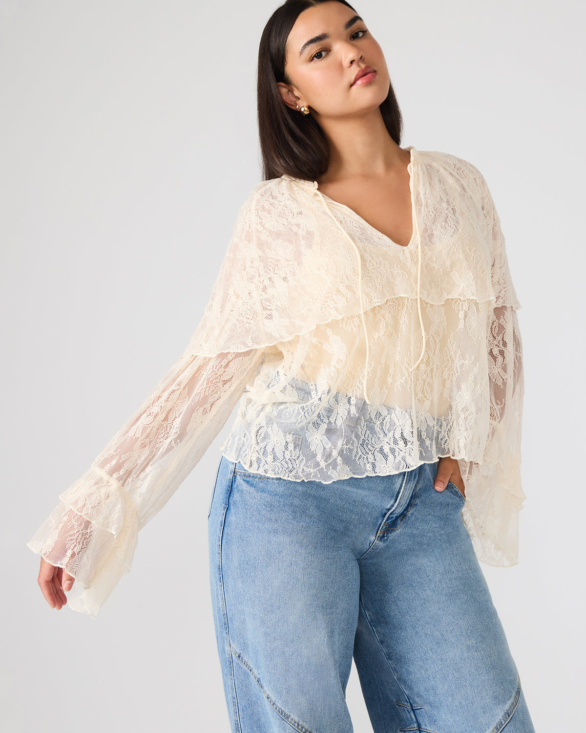 SAYLOR Cream Long-Sleeved Ruffle Mesh Lace Women's Top - Steve Madden
