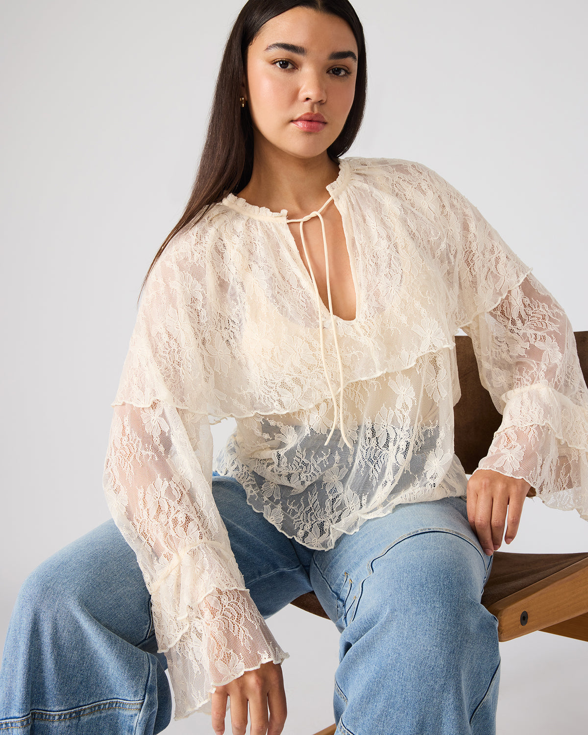 SAYLOR Cream Long-Sleeved Ruffle Mesh Lace Women's Top - Steve Madden