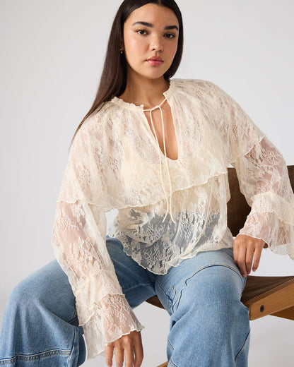 SAYLOR Cream Long-Sleeved Ruffle Mesh Lace Women's Top - Steve Madden