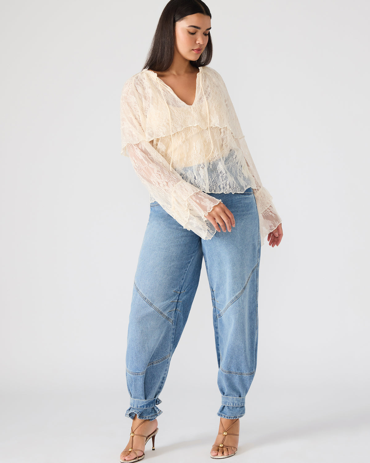 SAYLOR Cream Long-Sleeved Ruffle Mesh Lace Women's Top - Steve Madden