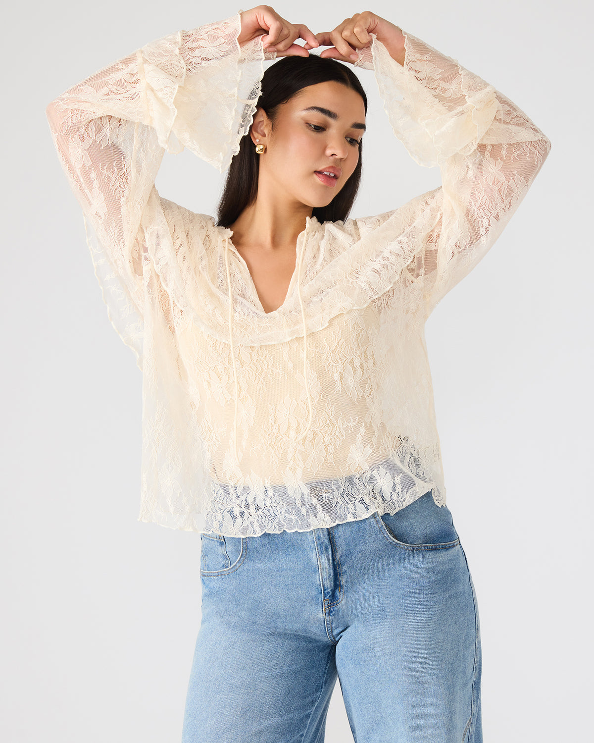 SAYLOR Cream Long-Sleeved Ruffle Mesh Lace Women's Top - Steve Madden