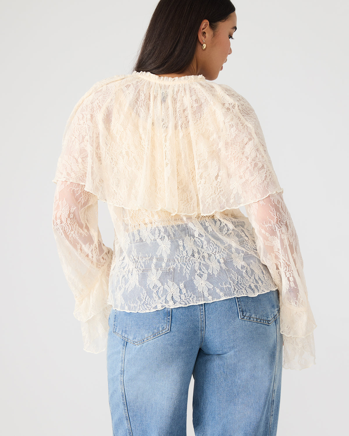 SAYLOR Cream Long-Sleeved Ruffle Mesh Lace Women's Top - Steve Madden