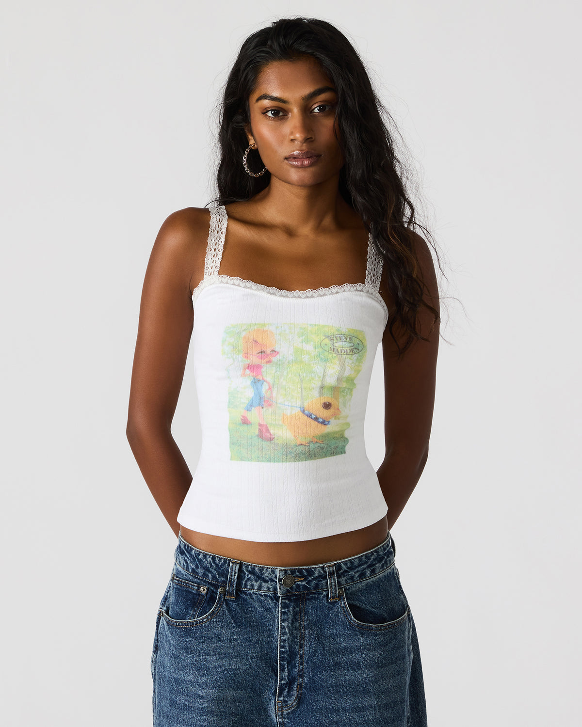 LOVE GOLDIE Antique Lace Trim Sleeveless Graphic Women's Tank Top - Steve Madden