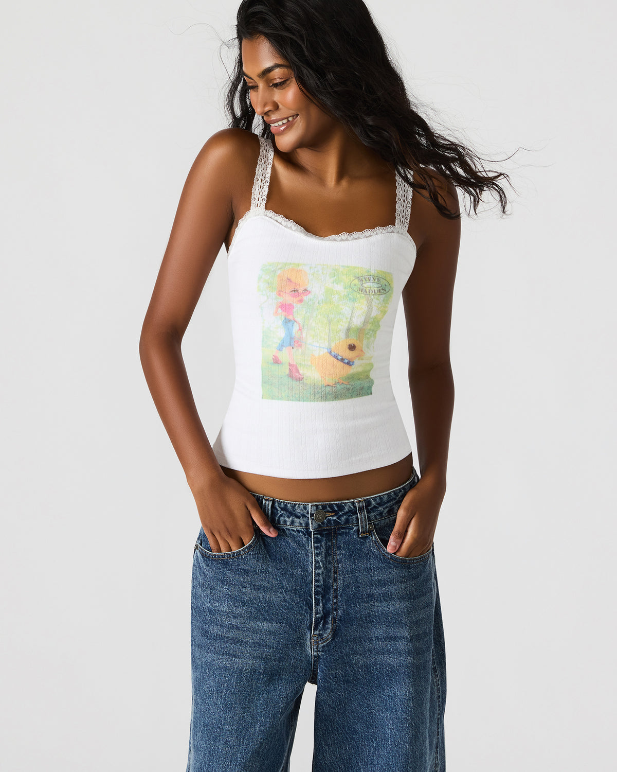 LOVE GOLDIE Antique Lace Trim Sleeveless Graphic Women's Tank Top - Steve Madden