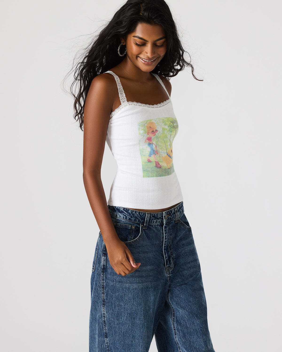 LOVE GOLDIE Antique Lace Trim Sleeveless Graphic Women's Tank Top - Steve Madden
