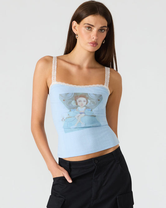 LOVE GOLDIE Surf Blue Lace Trim Sleeveless Graphic Women's Tank Top - Steve Madden